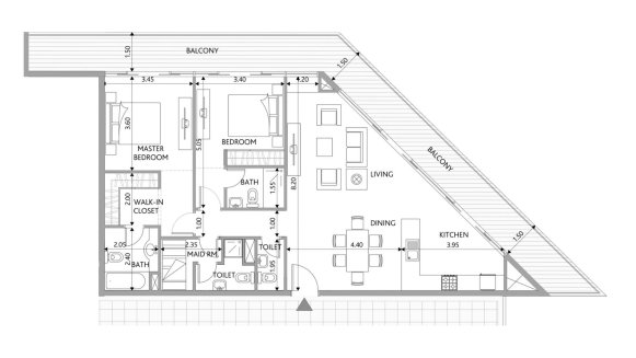 Планировка квартиры 2 спальни в ЖК PARK VIEW RESIDENCES APARTMENTS № 11008 (2D)