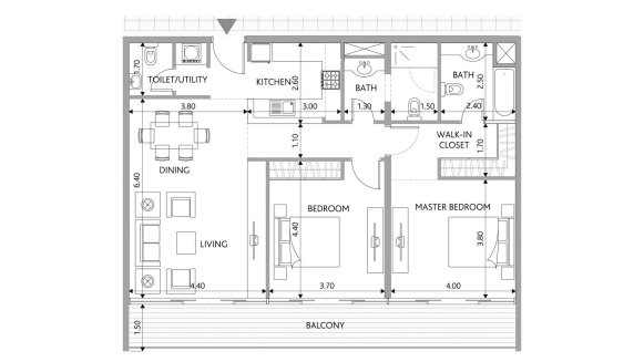 Планировка квартиры 2 спальни в ЖК PARK VIEW RESIDENCES APARTMENTS № 11007 (2D)
