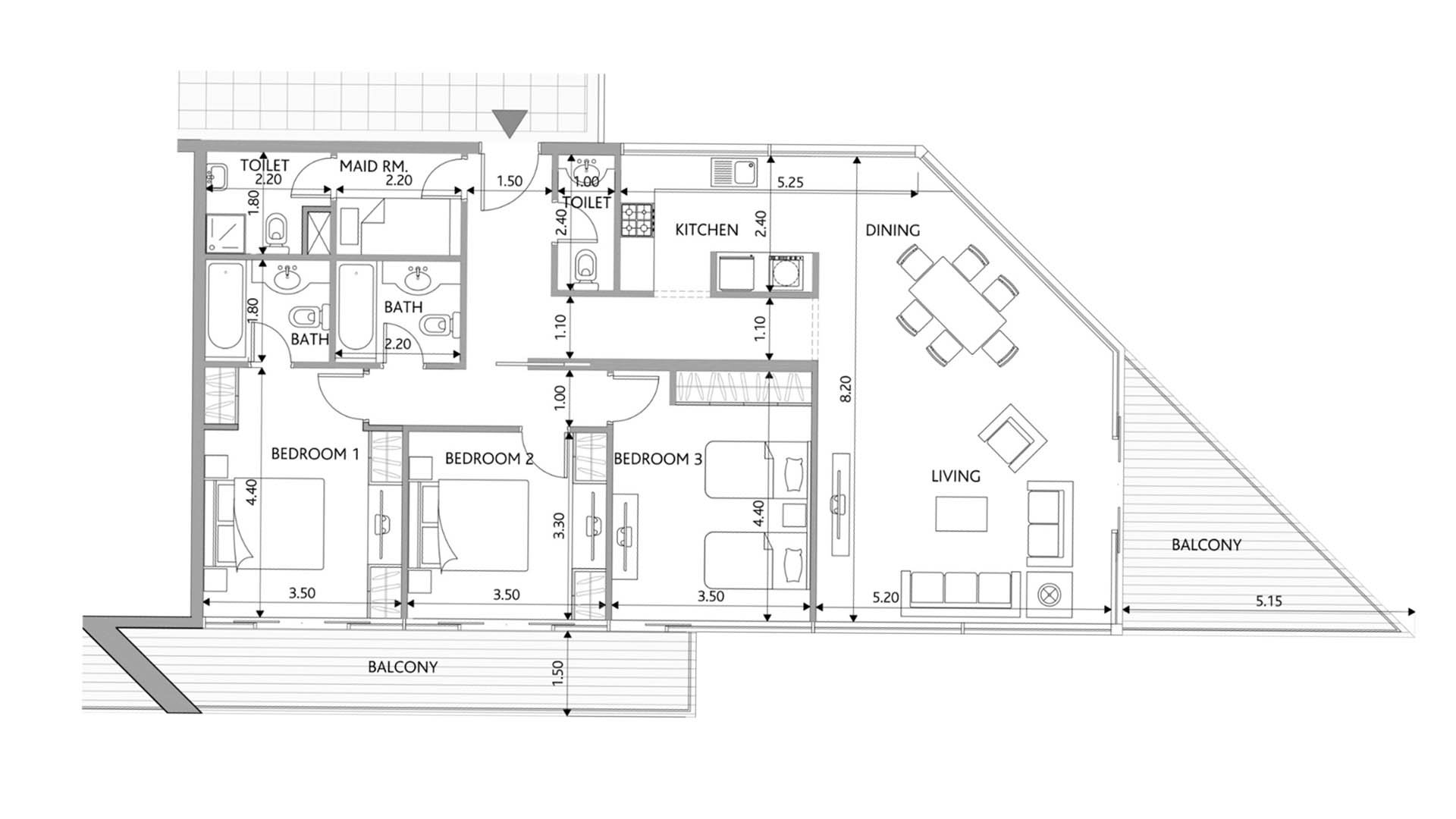 Apartment floor plan, 3 bedrooms in PARK VIEW RESIDENCES APARTMENTS No. 11009