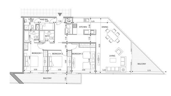 Apartment floor plan, 3 bedrooms in PARK VIEW RESIDENCES APARTMENTS No. 11009 (2D)